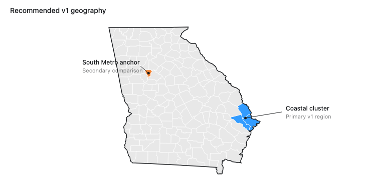 Georgia county map highlighting Bryan, Chatham, Effingham, and Clayton counties